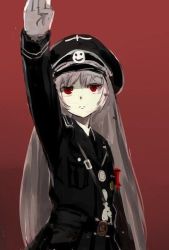 1girl alemanha_is_merda cowboy_shot expressionless female_focus hat long_hair nazi red_eyes salute solo white_hair