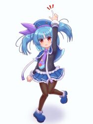 Rule 34 | 1girl, absurdres, black pantyhose, blue boots, blue capelet, blue hair, blue hat, blue skirt, boots, capelet, emil chronicle online, frilled skirt, frills, hat, highres, monster girl, necktie, pantyhose, pointing, purple necktie, pururu alma, red eyes, rna0, skirt, slime girl, standing, standing on one leg, twintails, white background