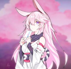 1girl absurdres animal_ears bare_shoulders breasts cherry_blossoms closed_mouth detached_sleeves error1980 fox_ears highres holding holding_letter honkai_(series) honkai_impact_3rd japanese_clothes kimono large_breasts letter long_hair looking_at_viewer nontraditional_miko outdoors pink_hair purple_eyes short_kimono tree white_kimono white_sleeves yae_sakura yae_sakura_(gyakushinn_miko)