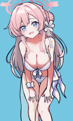 1girl absurdres bikini blue_archive blue_background blue_eyes braid braided_bun breasts cleavage flower front-tie_bikini_top front-tie_top hair_bun hair_flower hair_ornament halo hands_on_own_thighs highres large_breasts leaning_forward long_hair looking_at_viewer mimori_(blue_archive) mimori_(swimsuit)_(blue_archive) official_alternate_costume panatisia pink_hair pink_halo sarong scrunchie simple_background single_side_bun solo swimsuit white_bikini wrist_scrunchie