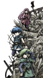 2boys 2girls aine_(hoshi_wo_miru_hito) bare_shoulders blue_hair cape dress fuyuzato_seia green_hair hairband hand_on_own_hip headband hoshi_wo_miru_hito junk junkyard long_hair minami_(hoshi_wo_miru_hito) misa_(hoshi_wo_miru_hito) multiple_boys multiple_girls pink_hair shiba_(hoshi_wo_miru_hito) short_hair silhouette wreckage