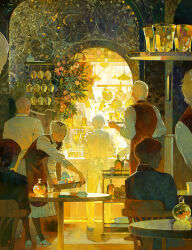 6+boys absurdres alcohol analogous_colors apron bar_(place) chair chef closed_eyes closed_mouth cup desk drinking_glass facing_away full_body highres indoors jar lamp male_focus multiple_boys original pantyhose red_apron standing warm_colored wedge_heels white_hair wine wine_glass xiaoquandianer yellow_theme