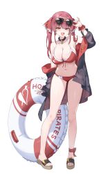 1girl :d absurdres adapted_costume adjusting_eyewear animal_ears aviator_sunglasses bikini black_jacket breasts cleavage commentary eyewear_on_head fang front-tie_bikini_top front-tie_top full_body hair_ribbon halterneck heterochromia highres hololive houshou_marine houshou_marine_(summer) innertube jacket jacket_partially_removed large_breasts long_hair looking_at_viewer nail_polish navel open_clothes open_jacket open_mouth red_eyes red_hair red_jacket red_ribbon ribbon sandals scrunchie side-tie_bikini_bottom sidelocks simple_background skin_fang smile solo ssalyun standing stomach sunglasses swim_ring swimsuit toes twintails two-sided_fabric virtual_youtuber white_background wrist_scrunchie yellow_eyes