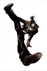 Rule 34 | 1boy, absurdres, animal print, belt, brown eyes, dreadlocks, eddy gordo, floating, frown, fujisawa tomio, highres, jacket, jewelry, legs up, leopard print, male focus, necklace, non-web source, official art, ponytail, simple background, solo, tekken, tekken 7, white background