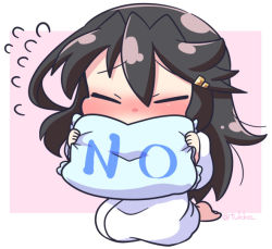10s 1girl barefoot black_hair blush chibi closed_eyes female_focus flying_sweatdrops hair_ornament hairclip haruna_(kancolle) holding holding_pillow kantai_collection long_hair no nose_blush pillow solo tsukko_(3ki2ne10) twitter_username yes-no_pillow