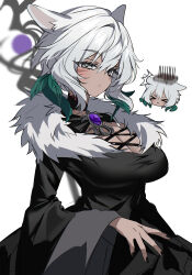 &gt;_&lt; 1girl animal_ears black_dress black_nails book breasts brooch cat_ears cat_girl chu_yeon cleavage_cutout clothing_cutout dark-skinned_female dark_skin dress facial_mark final_fantasy final_fantasy_xiv fur_collar grey_eyes hair_ornament highres jewelry looking_at_viewer medium_breasts miqo&#039;te short_hair whisker_markings white_background white_hair y&#039;shtola_rhul