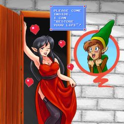 1boy 1girl black_hair blush breasts brown_hair cleavage door dress elf grin hat healer heart highres legs link long_hair nintendo one_eye_closed pointy_ears red_dress sidelocks smile spoken_heart talking the_legend_of_zelda thighhighs wink zelda_ii:_the_adventure_of_link