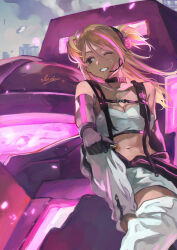 Rule 34 | 1girl, ;), black gloves, breasts, brown eyes, brown hair, cleavage, collar, cosmetics, crop top, dark-skinned female, dark skin, elbow gloves, gloves, grin, harness, headset, highres, holding, holding lipstick tube, idolmaster, idolmaster shiny colors, izumi mei, lipstick tube, long hair, medium breasts, midriff, multicolored hair, navel, one eye closed, otsudou, pants, pink hair, shirt, sitting, smile, solo, streaked hair, two side up, white pants, white shirt