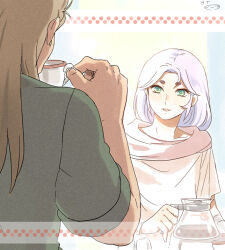 Rule 34 | 2boys, alternate costume, aries muu, blonde hair, casual, coffee, coffee pot, cup, from behind, green eyes, green shirt, hikimayu, holding, holding coffee pot, holding cup, long hair, looking at another, male focus, mizuhara aki, multiple boys, official alternate costume, parted lips, purple hair, red scarf, saint seiya, scarf, shirt, short sleeves, smile, taurus aldebaran