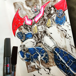 2016 art_tools_in_frame clenched_hands commentary english_commentary flying highres looking_down mar-c! marker_(medium) mazinger_(series) mazinger_z mazinger_z:_infinity mazinger_z_(mecha) mecha mechanical_wings photo_(medium) robot smoke solo super_robot traditional_media wings yellow_eyes