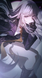 1girl absurdres black_bow black_footwear black_gloves black_skirt blunt_bangs blurry bow braid closed_mouth collared_shirt danganronpa:_trigger_happy_havoc danganronpa_(series) eyelashes gloves hair_bow hand_on_own_face highres jacket junpaku_karen kirigiri_kyoko legs light light_smile long_hair looking_at_viewer necktie open_clothes open_jacket orange_necktie pleated_skirt purple_eyes purple_hair purple_jacket school_uniform shadow shirt sidelocks simple_background skirt smile socks solo thighs white_background white_shirt