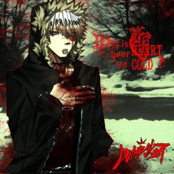 1boy artist_name bare_tree black_coat black_shirt blood blood_on_chest blood_on_hands brown_hair coat collarbone_piercing commentary cross dumbskot english_commentary english_text face_piercing fingernails fur_hood hair_between_eyes hair_over_one_eye hand_on_own_chest hand_up highres hood hood_up hooded_coat injury jewelry long_fingernails long_sleeves male_focus mouth_piercing multicolored_hair multiple_piercings multiple_rings necklace outdoors parted_lips piercing red_eyes ring river shirt short_hair snow solo stitched_face stitched_hand stitches tree two-tone_hair whatsaheart_(musician) white_hair