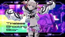 blue_eyes detached_sleeves english_text glasses_on_head grey_hair idol_clothes idolmaster idolmaster_shiny_colors idolmaster_shiny_colors_song_for_prism jacket midriff multicolored_hair navel official_art red_hair serizawa_asahi short_shorts shorts twintails zipper