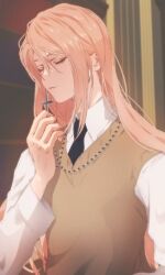 1boy bedge black_necktie brown_hair brown_sweater_vest closed_eyes collared_shirt cross degrees_of_lewdity highres holding holding_cross long_hair necktie shirt sweater_vest sydney_(degrees_of_lewdity) sydney_(male)_(degrees_of_lewdity) upper_body white_shirt
