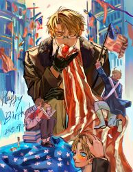 1boy absurdres ahoge america_(hetalia) american_flag arm_up axis_powers_hetalia back black-framed_eyewear black_gloves black_jacket black_shoes blonde_hair blue_eyes blue_jacket book book_stack boots brown_jacket brown_pants building cake cake_slice closed_eyes closed_mouth covered_mouth dated eating english_text evening fingernails flag food fruit fur-trimmed_jacket fur_trim glasses gloves hand_on_another&#039;s_head hand_on_own_knee happy_birthday highres holding holding_book holding_cake holding_flag holding_food jacket long_sleeves looking_at_viewer male_focus military_jacket military_uniform multiple_views no_eyes on_one_knee one_eye_closed open_book open_clothes open_jacket outdoors pants petting puffy_long_sleeves puffy_sleeves reading sash semi-rimless_eyewear shirt shoes short_hair sky smile star_(symbol) star_print strawberry tadano_kokumin white_boots white_pants white_sash white_shirt yellow_sky