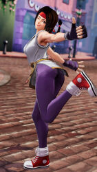 Rule 34 | 1girl, ass, braid, braided ponytail, breasts, brown eyes, brown hair, dougi, female focus, from behind, karate gi, large breasts, leggings, long hair, medium breasts, one eye closed, outdoors, pale skin, pants, ponytail, shoes, skirt, smile, smiley face, sneakers, the king of fighters, thighs, tight clothes, tight pants, tongue, tongue out, yoga pants, yuri sakazaki