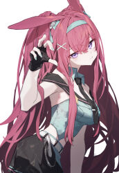 1girl :t absurdres animal_ears aqua_hairband aqua_nails aqua_shirt arknights armpits belt beudelb black_gloves black_necktie black_skirt breasts claw_pose commentary cowboy_shot detached_collar fingerless_gloves gloves hairband highres large_breasts long_hair looking_at_viewer necktie purple_eyes rabbit_ears ray_(arknights) ray_(dreaming_high)_(arknights) red_hair shirt simple_background skirt solo white_background white_belt