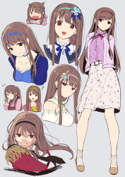1girl ? arms_behind_back black_hairband blue_hairband blush brown_hair closed_mouth cropped_head cropped_torso dark_persona earrings epaulettes floating_hair floral_print floral_print_skirt flying_sweatdrops full_body grey_background hairband hand_up highres idolmaster idolmaster_million_live! idolmaster_million_live!_theater_days jacket jewelry long_hair long_sleeves looking_at_viewer multiple_views open_clothes open_jacket open_mouth otsumoon parted_lips pink_jacket print_skirt red_eyes red_hairband shirt shoes simple_background skirt smile socks standing straight_hair tanaka_kotoha v white_hairband yellow_hairband