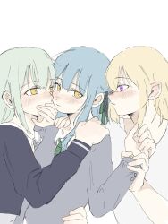 3girls bang_dream! bang_dream!_it&#039;s_mygo!!!!! blonde_hair blush closed_mouth commentary covering_another&#039;s_mouth girl_sandwich green_hair grey_jacket haneoka_school_uniform hashtag-only_commentary highres holding_another&#039;s_wrist jacket koricup_q long_hair medium_hair misumi_uika multiple_girls parted_lips purple_eyes sandwiched school_uniform shirt simple_background togawa_sakiko tsukinomori_school_uniform upper_body wakaba_mutsumi white_background white_shirt yellow_eyes yuri