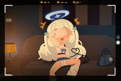 +++ 1girl :3 :p artist_name bag blue_bow blue_halo blush_stickers bow chibi chibi_only clothes_writing commentary couch covering_face dated demon_tail dot_nose ear_piercing english_commentary facing_viewer hair_bow halo heart heart_tail highres indoors lamp long_hair long_sleeves multiple_piercings off_shoulder original panties piercing porforever sitting smile solo spread_legs sweatdrop tail tongue tongue_out underwear v viewfinder white_hair white_panties