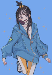 1girl black_hair blue_hoodie blush bracelet choker cube_hair_ornament enekonoshippo27 hair_ornament hood hoodie jewelry lida_(pokemon) long_hair long_sleeves nintendo open_mouth pokemon pokemon_legends:_z-a smile topknot two-tone_legwear