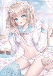 1girl animal_ear_fluff animal_ears blue_sailor_collar blue_skirt blue_sky bow bra breasts brown_hair cat_ears cat_girl cat_tail clothes_lift cloud commentary_request cupcake curtains day detached_wings food frilled_bra frilled_panties frilled_pillow frills hair_bow hands_up highres holding indoors kohinata_hoshimi lifting_own_clothes long_sleeves medium_breasts mini_wings navel original panties pillow pleated_skirt puffy_long_sleeves puffy_sleeves revision sailor_collar school_uniform serafuku shirt shirt_lift skirt skirt_around_one_leg sky sleeves_past_wrists solo stuffed_animal stuffed_toy tail teddy_bear tray two_side_up underwear white_bow white_bra white_panties white_shirt white_wings window wings