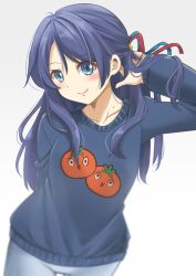 1girl blue_eyes blue_hair blue_ribbon blue_shorts blue_sweater blush closed_mouth collarbone commentary cowboy_shot hair_ornament hair_ribbon half_updo highres link!_like!_love_live! looking_at_viewer love_live! matsurugi_tsukasa mole mole_on_neck murano_sayaka murano_sayaka_(summer_loungewear) official_alternate_costume red_ribbon ribbon shorts smile solo split_mouth star_(symbol) star_hair_ornament sweater tomato_print virtual_youtuber
