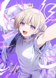 1girl :d absurdres akabino arms_up banpen_(todoroki_hajime) blonde_hair blunt_bangs choker commentary_request highres hololive hololive_dev_is jacket jacket_partially_removed looking_at_viewer multicolored_hair open_mouth outstretched_arm purple_choker purple_eyes purple_hair shirt short_hair shorts smile solo streaked_hair teeth todoroki_hajime todoroki_hajime_(1st_costume) two_side_up upper_teeth_only virtual_youtuber white_jacket white_shirt white_shorts