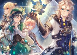 1girl 3boys absurdres albedo_(genshin_impact) black_gloves black_hair blonde_hair blue_eyes blue_shirt braid braided_sidelocks breasts cape coat dahlia_(genshin_impact) finger_to_mouth frilled_cuffs genshin_impact gloves green_cape green_eyes green_hat green_shorts hair_between_eyes hat highres holding holding_instrument index_finger_raised instrument jean_(genshin_impact) jean_(gunnhildr&#039;s_legacy)_(genshin_impact) looking_at_viewer lyre medium_breasts medium_hair multiple_boys night night_sky one_eye_closed outdoors pink_hair ponytail purple_eyes shirt short_hair short_hair_with_long_locks shorts sky smile upper_body venti_(genshin_impact) vision_(genshin_impact) white_coat white_hat white_shirt yuno_kaihara