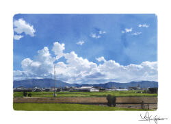 blue_sky building cloud commentary_request day field mountainous_horizon no_humans original outdoors scenery signature sky town utility_pole yk_funa