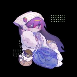 1girl alternate_eye_color alternate_hair_color bag black_background boots brown_boots flower full_body handbag hero_(faraway)_(omori) hero_(omori) highres jacket lily_of_the_valley long_hair looking_at_viewer mari_(birthday)_(omori) mari_(faraway)_(omori) mari_(omori) no_mouth o51515o omori purple_eyes purple_hair purple_nails solo thighhighs white_jacket white_thighhighs