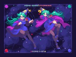 Rule 34 | alternate costume, black pantyhose, blue dress, blue hat, blue shoes, comet summoner98, dress, gem, green eyes, green hair, hat, heart, jewelry, legs, long hair, long sleeves, mima (touhou), necklace, pantyhose, pixel art, purple shawl, shawl, shoes, smile, space, star (sky), strappy heels, sun symbol, touhou, touhou (pc-98), wide sleeves, wizard hat
