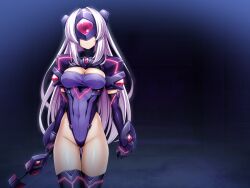 Rule 34 | 1girl, android, armor, black gloves, black thighhighs, breasts, cleavage, cleavage cutout, closed mouth, clothing cutout, covered eyes, covered navel, cowboy shot, elbow gloves, expressionless, exs-slave, exs-slave alpha, facing viewer, faulds, game cg, gloves, glowing, gluteal fold, groin, headgear, highleg, highleg leotard, holding, holding sword, holding weapon, katsuragi marina, kouyoku senki exs-tia, large breasts, large variant set, leotard, long hair, medium breasts, night, non-web source, official art, pauldrons, purple gloves, purple leotard, shiny skin, shoulder armor, solo, standing, sword, thigh gap, thighhighs, thighs, vambraces, variant set, very long hair, weapon, white hair