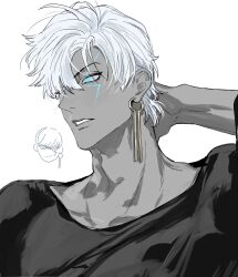 Rule 34 | 1boy, absurdres, arm behind head, black shirt, blue eyes, colored skin, cropped shirt, earrings, fate/grand order, fate (series), from side, grey skin, hand on own neck, highres, indra (fate), jewelry, lightning bolt symbol, looking to the side, male focus, multiple views, parted lips, shirt, short hair, single earring, smirk, wavy hair, white hair, yurumawari