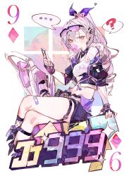 ... 1girl ? absurdres black_gloves blowing_bubble_gum card cellphone chewing_gum cocoballking commentary cropped_jacket crossed_bangs drill_hair drill_ponytail eyewear_on_head fingerless_gloves fishnet_socks fishnets gloves grey_eyes grey_hair hair_between_eyes highres holding holding_phone honkai:_star_rail honkai_(series) jacket navel nine_of_diamonds open_clothes open_jacket phone playing_card shirt silver_wolf_(honkai:_star_rail) simple_background single_sock sitting smartphone socks solo speech_bubble spoken_ellipsis spoken_question_mark stomach thigh_strap white_background white_shirt