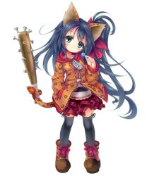 1girl animal_ears balulu_alma baseball_bat black_hair black_thighhighs blue_eyes boots breasts candy emil_chronicle_online food frilled_skirt frills hair_ribbon holding holding_candy holding_food hood hooded_jacket jacket long_hair maou_mikage nail_(hardware) nail_bat red_skirt ribbon skirt standing tail thighhighs white_background