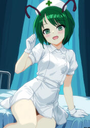 1girl alternate_costume antennae blush breasts commentary_request cross cross_print dated dress gloves green_eyes green_hair hat highres looking_at_viewer medium_hair mist9801km nurse nurse_cap open_mouth puffy_short_sleeves puffy_sleeves short_sleeves sitting small_breasts smile solo touhou white_dress white_gloves white_hat wriggle_nightbug