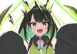 1girl :d absurdres ahoge arknights bare_shoulders black_hair blush breasts bright_pupils chinese_commentary colored_inner_hair commentary_request crystal emoji fang green_eyes green_hair hands_up highres huge_ahoge lei_ke long_hair looking_at_viewer mon3tr_(arknights) multicolored_hair open_mouth skin_fang smile solo upper_body white_background