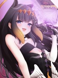 1girl :d absurdres ao-chan_(ninomae_ina&#039;nis) bare_shoulders black_collar black_dress black_gloves black_hair blue_eyes book breasts cleavage collar commentary_request cutout_above_navel detached_sleeves dress feathered_wings fur-trimmed_collar fur_trim gloves gradient_hair halo headpiece highres hololive hololive_english long_hair looking_at_viewer low_wings matcha_amigo mole mole_under_eye multicolored_hair ninomae_ina&#039;nis ninomae_ina&#039;nis_(1st_costume) open_mouth orange_hair pointy_ears sidelocks single_detached_sleeve sleeveless sleeveless_dress small_breasts smile solo strapless strapless_dress tentacle_hair tube_dress upper_body very_long_hair virtual_youtuber white_sleeves white_wings wings