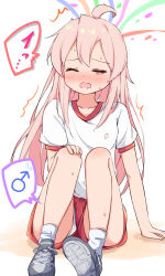 1girl ^^^ bare_arms bare_legs blush bulge erection erection_under_clothes full_body futanari gym_shirt gym_uniform hand_on_own_knee highres kazura male-female_symbol mars_symbol nervous_sweating nose_blush onii-chan_wa_oshimai! open_mouth oyama_mahiro panties pantyshot precum precum_through_clothes red_shorts shirt shoes short_sleeves shorts sitting socks solo spoken_mars_symbol surprised sweat underwear upshorts white_panties white_shirt