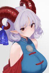 1girl absurdres alternate_breast_size bare_shoulders blue_dress blue_ribbon breasts detached_sleeves dress earrings highres hoop_earrings horn_ornament horn_ribbon horns jewelry looking_at_viewer meandros moriforest1040 pointy_ears red_eyes red_horns red_sleeves ribbon sheep_horns short_hair simple_background solo touhou toutetsu_yuuma upper_body white_background white_hair