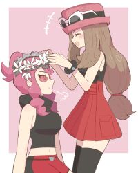 1girl 2girls bare_arms bare_shoulders black_thighhighs blue_eyes blush breasts closed_eyes closed_mouth crop_top diamond_cutout eyewear_on_headwear flower han0579 hat head_wreath highres long_hair malva_(pokemon) midriff multiple_girls navel nintendo open_mouth orange-tinted_eyewear pants pink-tinted_eyewear pink_hair pink_hat pokemon pokemon_xy red-tinted_eyewear red_eyes red_hat red_pants red_skirt serena_(pokemon) shirt sidelocks skirt sleeveless sleeveless_shirt smile sunglasses thighhighs tinted_eyewear two-tone_pants white-framed_eyewear