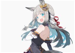 1girl :d animal_ears back bare_back blue_hair blush chrono_genesis_(umamusume) colored_inner_hair commentary_request detached_sleeves grey_background grey_hair highres horse_ears horse_girl horse_tail long_hair looking_at_viewer multicolored_hair open_mouth smile solo tail totomono umamusume white_hair