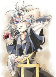 bad_id bad_pixiv_id blue_hair comizku unworn_headwear jewelry kesa kumoi_ichirin messy_hair pendant purple_eyes solo touhou