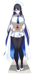 1girl absurdres black-framed_eyewear black_hair black_pantyhose blue_archive blue_eyes blue_hair blue_halo box breasts closed_mouth coat colored_inner_hair commentary earrings full_body glasses gloves halo highres holding holding_box jewelry kurochomo large_breasts long_hair looking_at_viewer multicolored_hair open_clothes open_coat pantyhose pointy_ears rin_(blue_archive) round_eyewear shadow shirt shoes simple_background single_earring solo standing very_long_hair white_background white_coat white_gloves white_shirt white_shoes