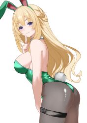 Rule 34 | 1girl, absurdres, animal ear hairband, animal ears, ass, blonde hair, blue eyes, braid, breasts, choujigen game neptune, detached collar, fake animal ears, finger to mouth, from behind, green leotard, hairband, half up braid, highres, leotard, looking at viewer, medium breasts, neptune (series), pantyhose, playboy bunny, rabbit ears, rabbit tail, smile, solo, strapless, strapless leotard, tail, thigh strap, vert (neptunia), wrist cuffs, xueli shimazaki