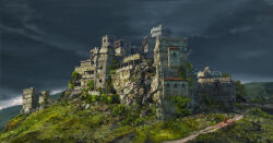 castle cloud cloudy_sky dirt_road field grass highres hill landscape moss original painterly refiend road rock ruins scenery signature sky