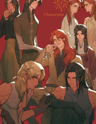 6+boys amras amrod bare_arms bare_shoulders black_hair blonde_hair braid brothers caranthir celegorm collar curufin elf english_text eyebrows eyebrows_hidden_by_hair eyelashes eyes_visible_through_hair feanor gloves grey_eyes hand_on_own_face high_collar highres long_hair looking_at_viewer maedhros maglor male_focus multiple_boys parted_bangs pectoral_cleavage pectorals pointy_ears prince red_hair siblings sitting standing the_silmarillion tolkien&#039;s_legendarium twins viery