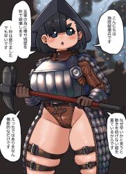 1girl absurdres armor black_hair helm helmet highres holding holding_weapon leotard minami_aomori mob_face original revealing_clothes short_hair smoke solo thigh_strap thighs translation_request war_hammer weapon
