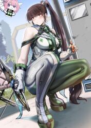 1girl :3 ass bare_shoulders black_hair blood_edge_(stellar_blade) bodysuit breasts brown_eyes cliov creature crossover doro_(nikke) eve_(stellar_blade) fingerless_gloves gloves goddess_of_victory:_nikke green_bodysuit holding holding_sword holding_weapon impossible_bodysuit impossible_clothes large_breasts long_hair multicolored_bodysuit outdoors photo_(object) pink_hair planet_diving_suit_(7th)_(stellar_blade) ponytail silver_bodysuit squatting stellar_blade sword two-tone_bodysuit vending_machine very_long_hair weapon white_gloves